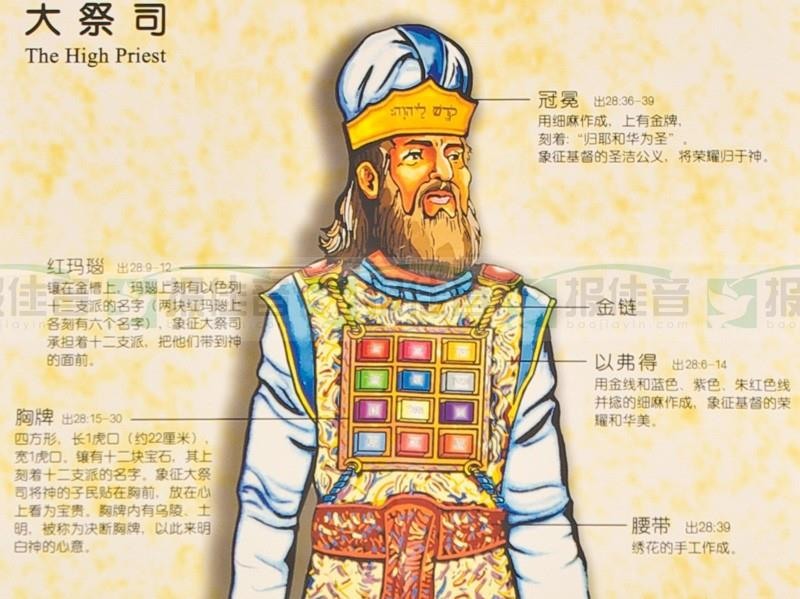 大祭司圣衣图解：冠冕、胸牌、以弗得、红玛瑙、金链与腰带